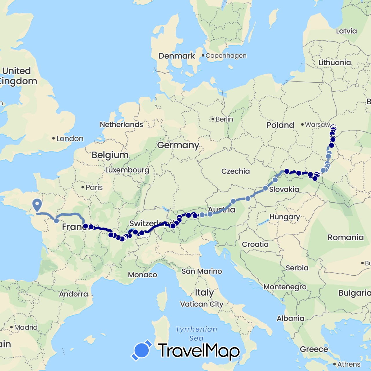 TravelMap itinerary: driving, cycling in Austria, Switzerland, France, Poland, Slovakia (Europe)