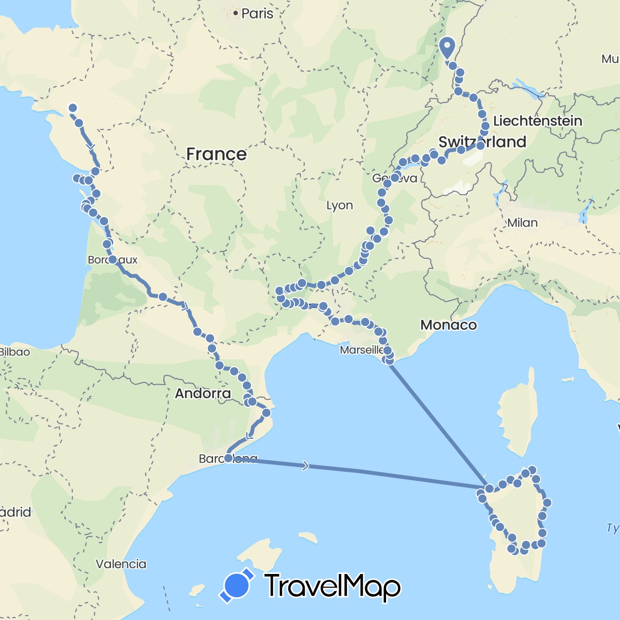 TravelMap itinerary: driving, cycling in Switzerland, Germany, Spain, France, Italy (Europe)